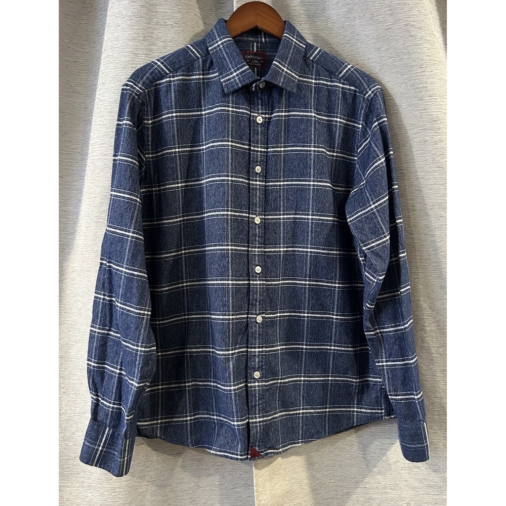 UNTUCKit Slim Fit Navy White Checkered Plaid Button Up Shirt Size Large